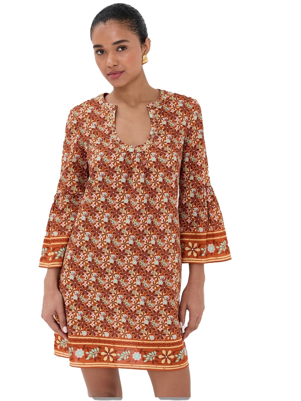 Figue Cortney Bohemian Floral Burnt Sienna Flare Sleeve  minidress Sz XXS NWT